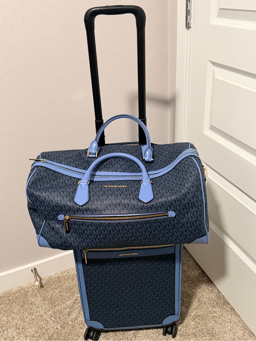 Michael Kors Navy and Light Blue MK Monogram Rolling Luggage Set